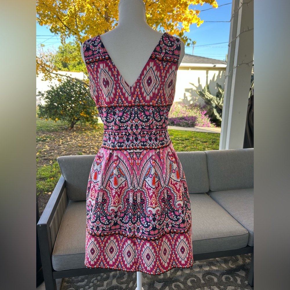 Vince Camuto Pink Multi-Print V-Neck Fit & Flare Mini Dress - Picture 4 of 6